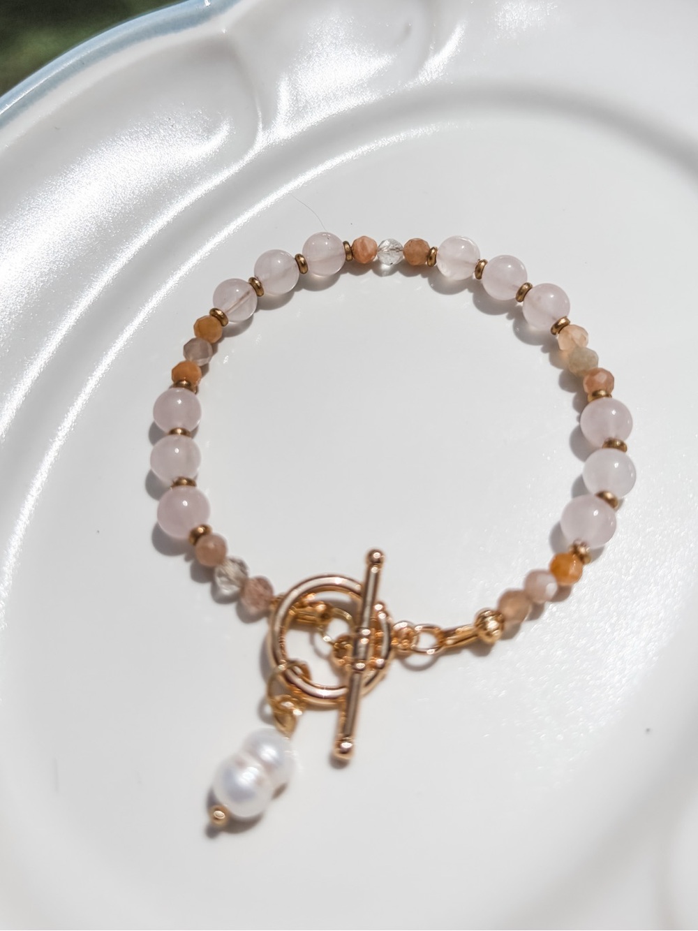 B3 Handmade Rose Quartz and Peach Moonstone Beaded Bracelet